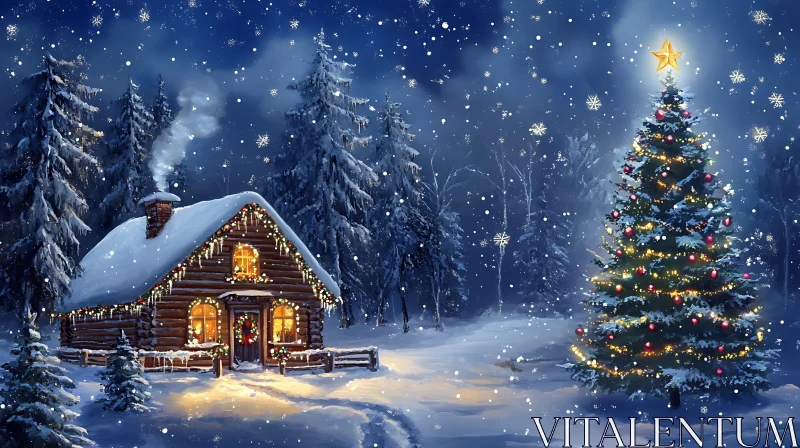 AI ART Festive Cabin with Christmas Decorations in Snow