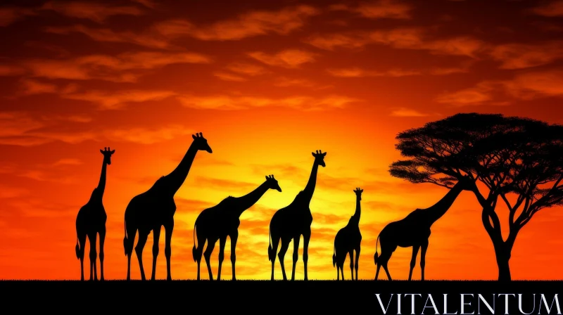 Golden African Sunset with Giraffes in Silhouette AI Image