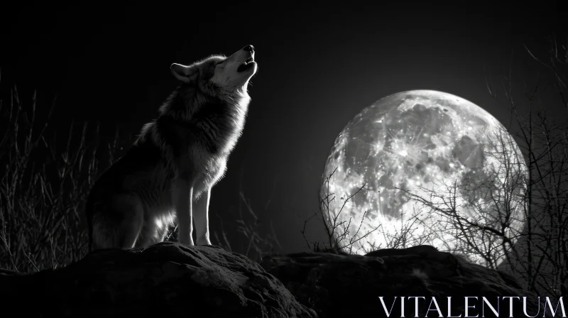 Majestic Wolf Howling at Full Moon | Black and White Nature Image AI Image