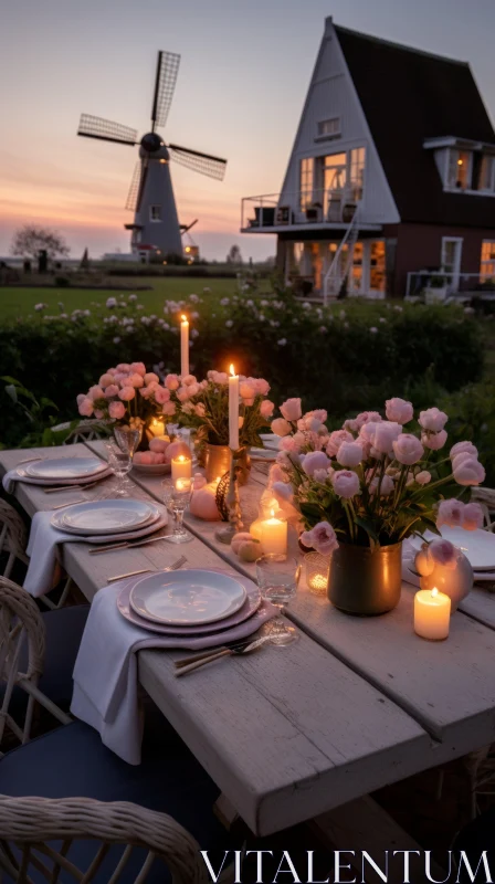 Romantic Dutch Landscape: Wooden Table with Candles AI Image
