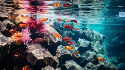 Surrealistic Underwater Landscape with Coral and Colorful Fish