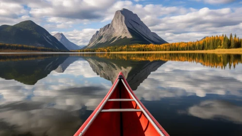 Tranquil Red Canoe on Calm Water with Majestic Mountains - Nature Photography