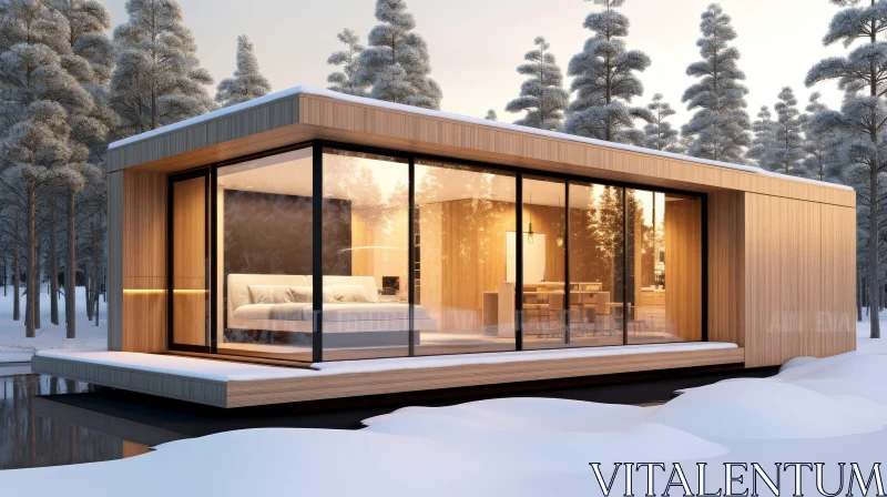 Winter Wonderland: Modern House in Snowy Forest AI Image