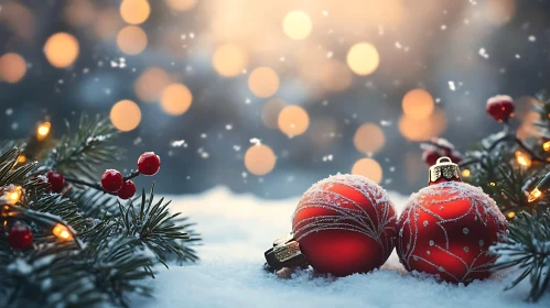 Red Christmas Ornaments in Snow