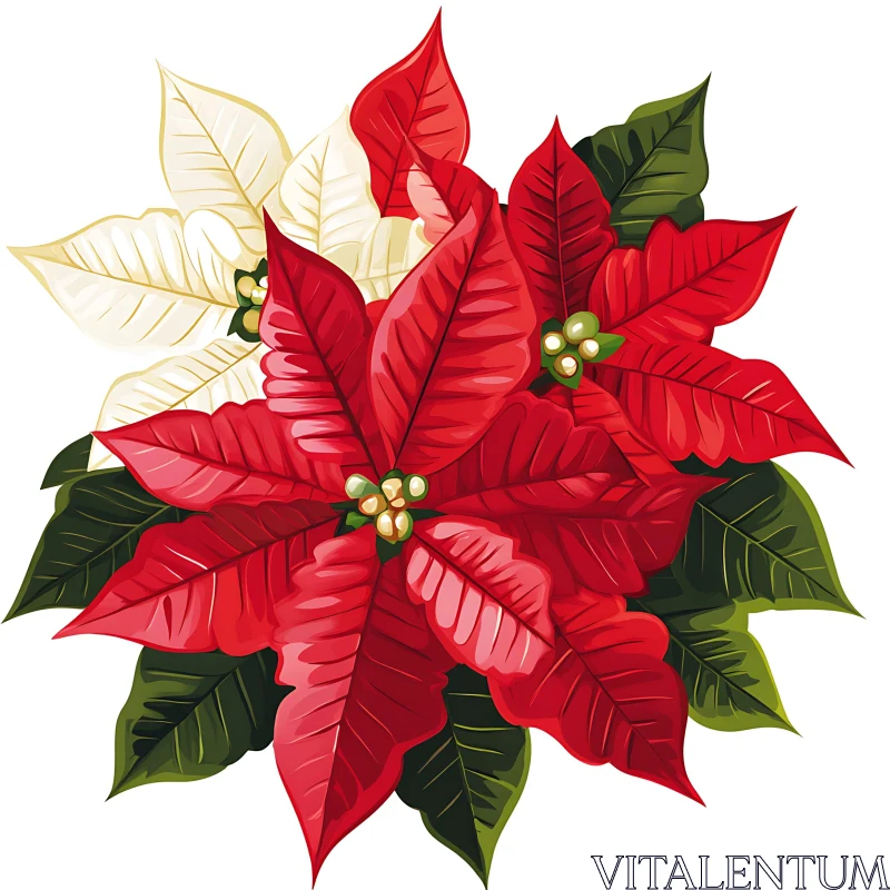 AI ART Red and Cream Poinsettia with Green Leaves