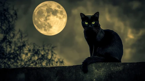 Mystic Black Cat Silhouette with Full Moon