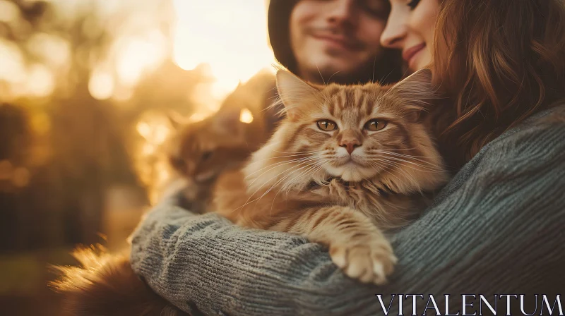 Loving Couple with Cats in Sunset Embrace AI Image