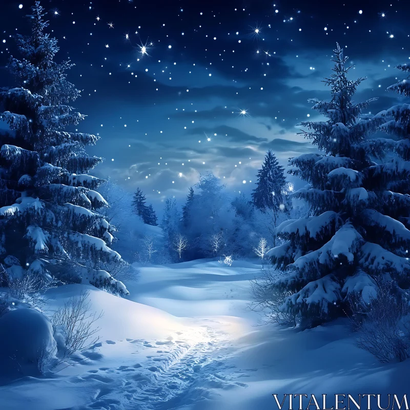 Peaceful Snowy Forest at Night Under the Stars AI Image