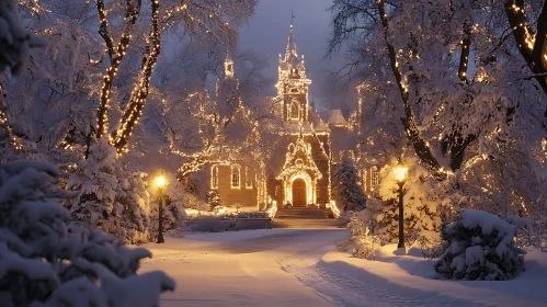 Magical Winter Night at a Lit-Up Castle