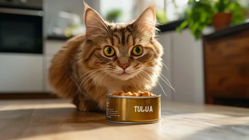 Playful Tabby Cat in Kitchen with TULUA Cat Food