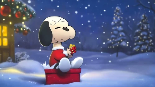 Festive Cartoon Dog Enjoying Christmas Gift in Winter Wonderland