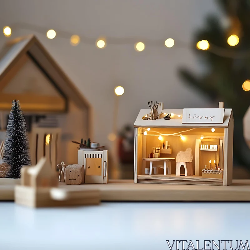 Miniature Wooden Dollhouse Decorated with String Lights AI Image