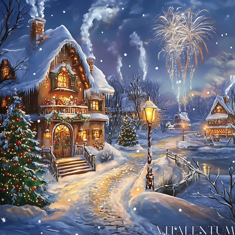 Festive Christmas Eve in Snowy Village AI Image