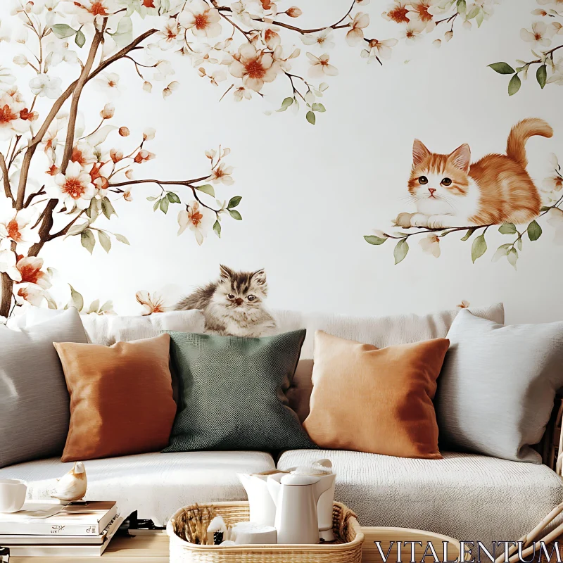 Kittens and Floral Wall Art in Cozy Living Room AI Image