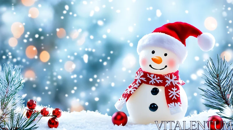 AI ART Happy Snowman with Santa Hat in Snowy Scene