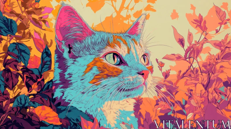 Vivid Cat Portrait in Abstract Foliage AI Image