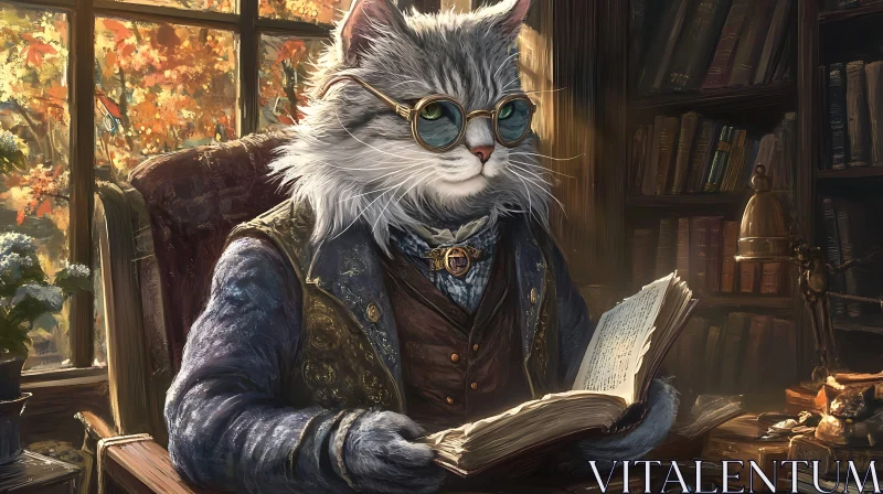 Victorian Cat Reading in Study AI Image