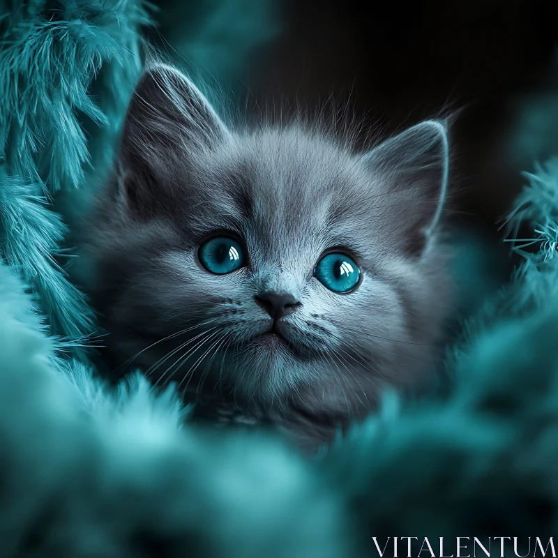 Charming Kitten with Blue Eyes in Teal Fur AI Image