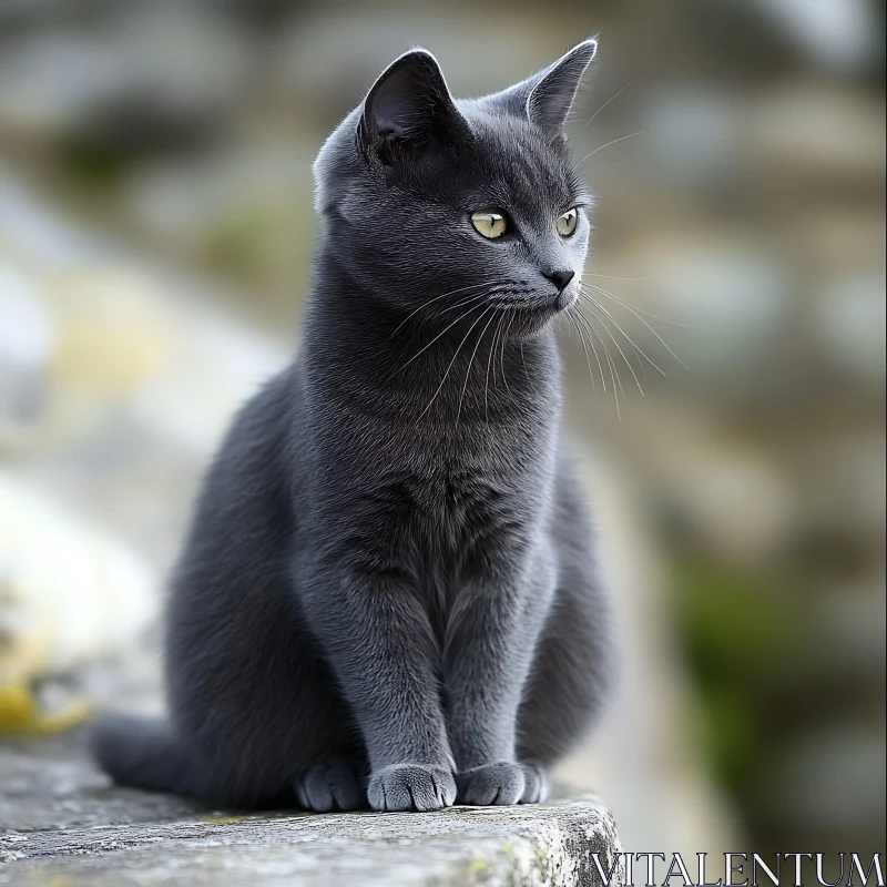 Alert Grey Cat Sitting on Stone AI Image