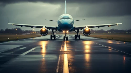 Blue Airplane Parked on Wet Runway at Airport