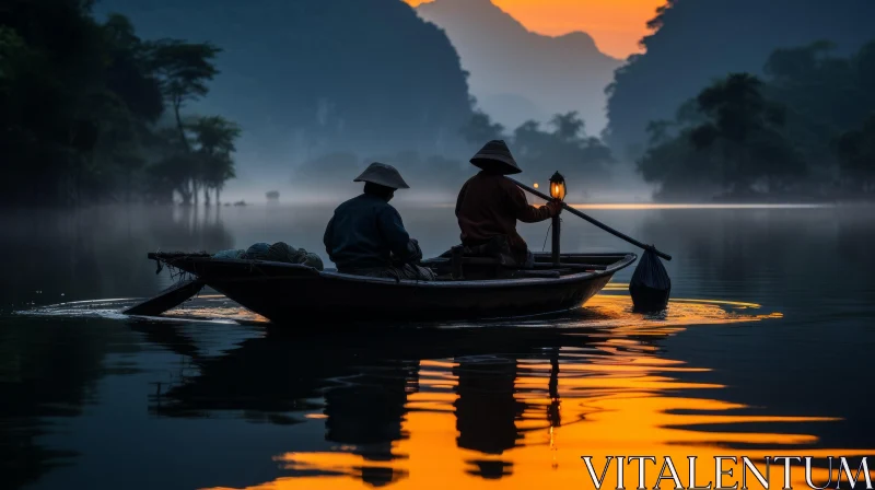Boat Floating in a Dark and Foggy Lake in Vietnam | Villagecore Aesthetic AI Image