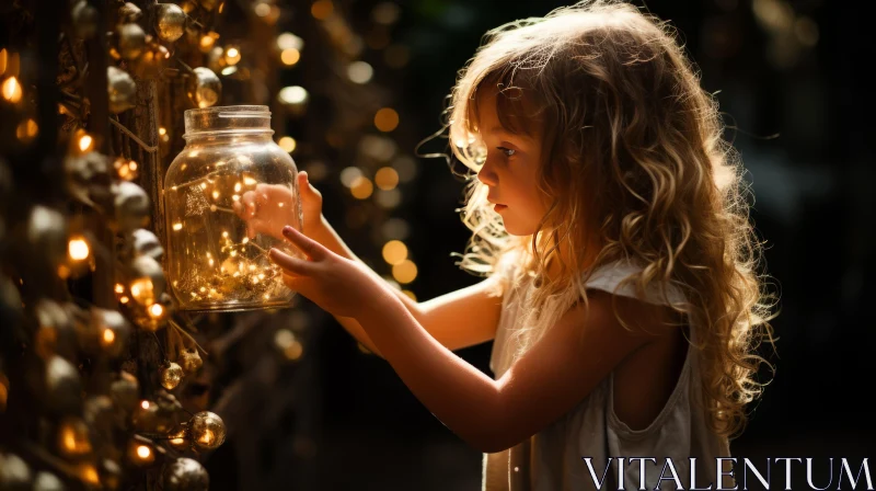 Captivating Christmas Lights: A Dreamy Scene with a Little Girl and a Jar AI Image