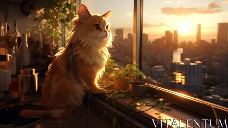Cat on Windowsill Sunset Cityscape Digital Painting AI Image