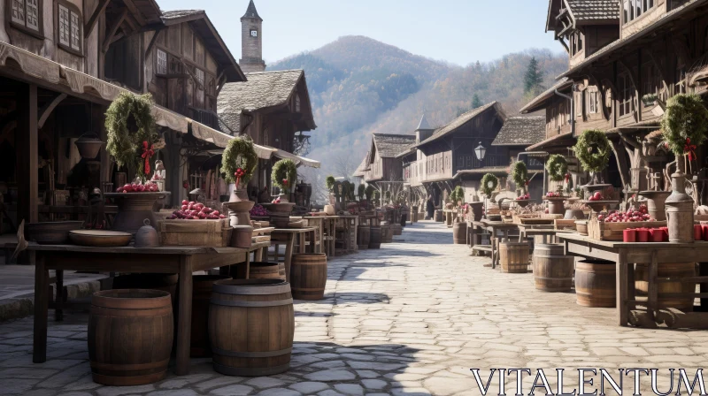 Charming Old European Village Street Scene with Wooden Barrels and Festive Atmosphere AI Image