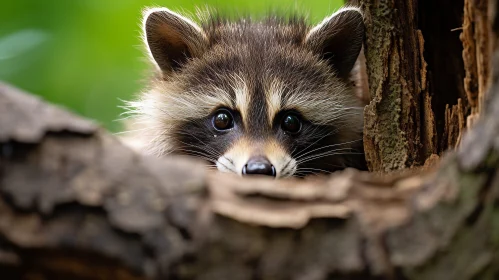 Curious Raccoon Peeking from Tree