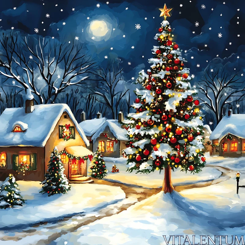 Christmas Night in a Quaint Snowy Village AI Image