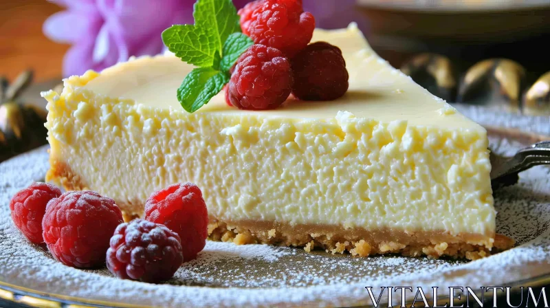 Delicious Cheesecake with Fresh Raspberries and Mint Leaves AI Image