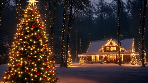 Festive Holiday Scene with Decorated Tree and Cabin