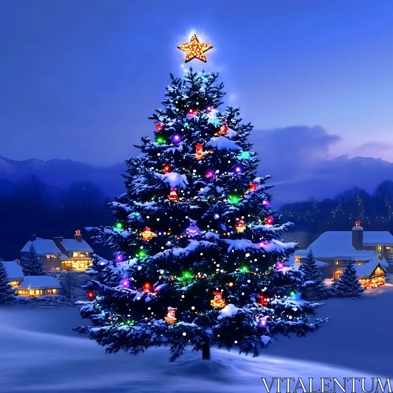 AI ART Snow-Covered Christmas Tree with Glittering Decorations