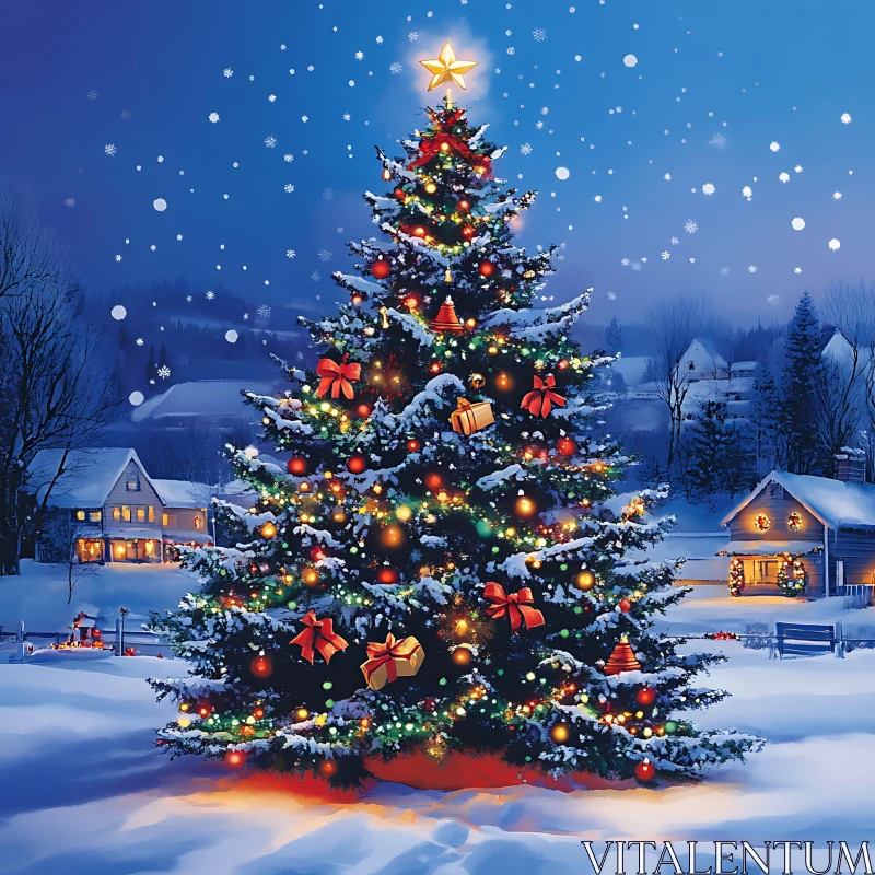 Illuminated Holiday Tree in Snowy Landscape AI Image