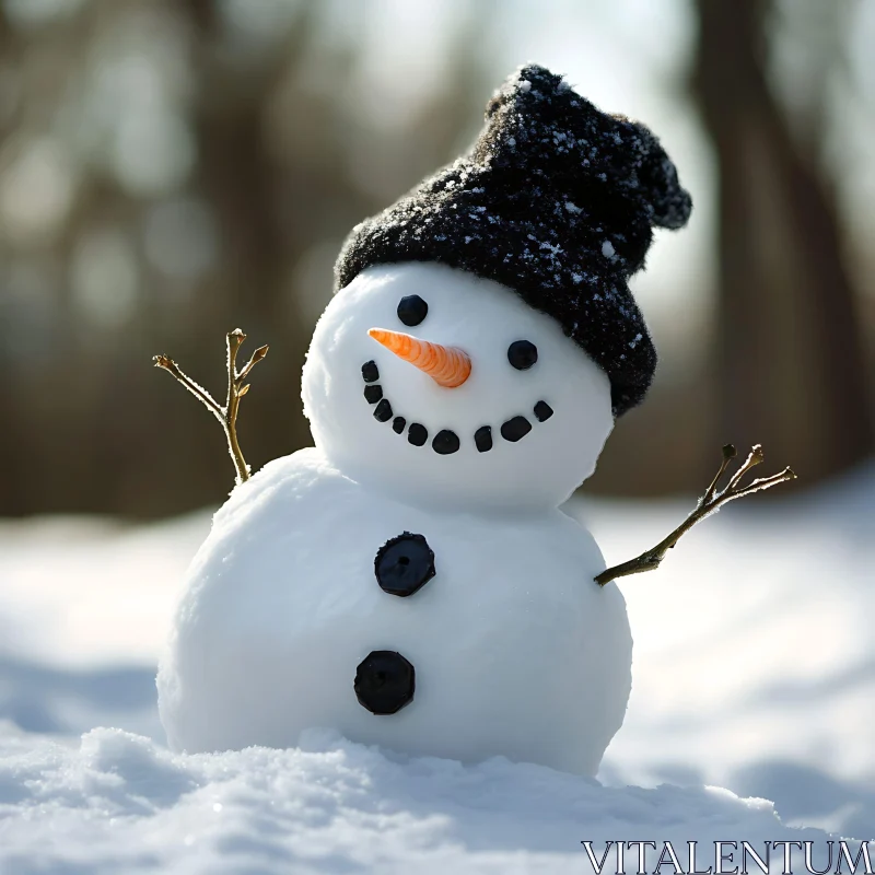 Happy Snowman Amidst Snowy Landscape AI Image