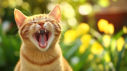 Ginger Cat Yawning Amidst Sunny Flowers