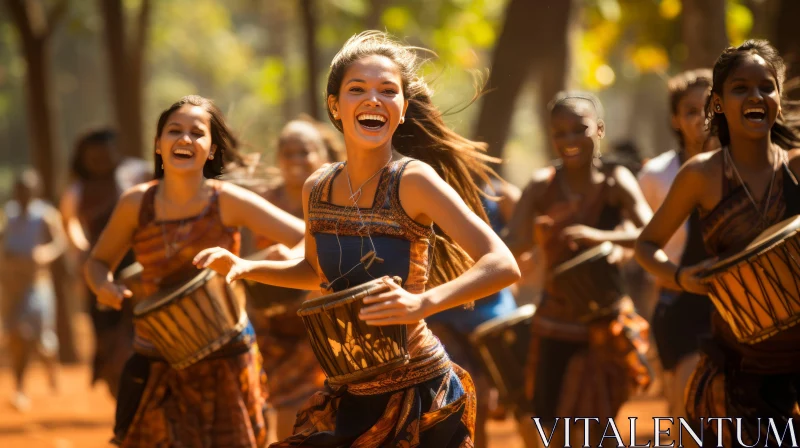 Forest Dance - Joyful Women Drumming in the Woods AI Image