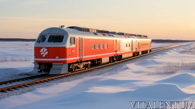 Graceful Train Gliding Through Frozen Snow on Tracks - Helsinki School & Midwest Gothic Inspiration AI Image