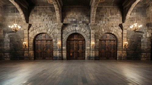 Historic Medieval Hall with Stone Walls and Wooden Doors