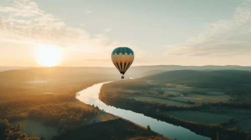 Majestic Hot Air Balloon Floating Over River and Countryside at Sunset