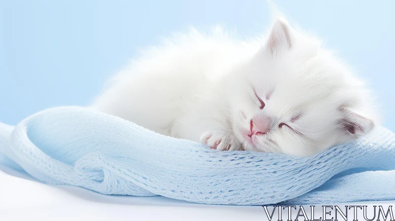 Serene White Kitten Sleeping on Blue Blanket AI Image