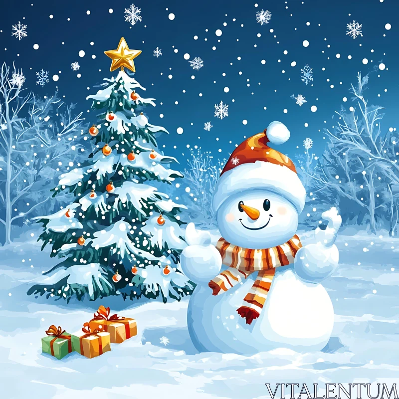 Festive Snowman with Christmas Tree and Gifts in Snow AI Image