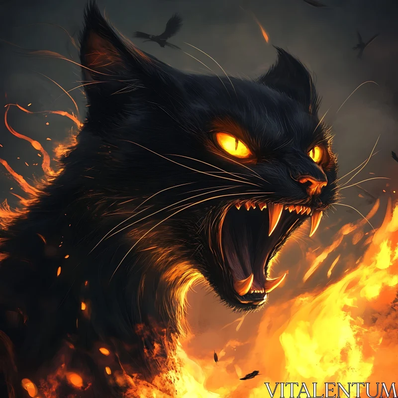 AI ART Intense Black Cat in Flames