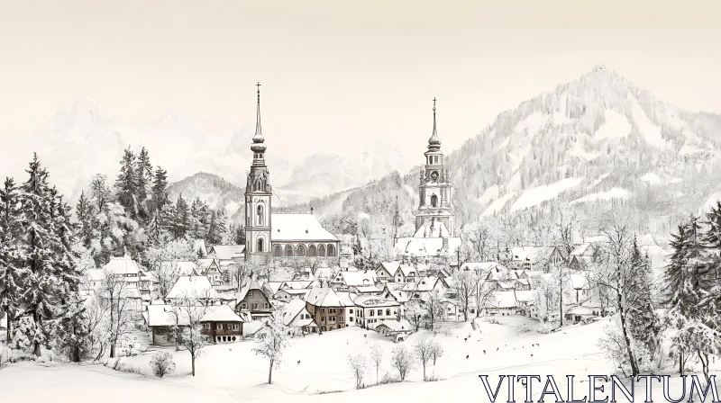 AI ART Winter Village with Steepled Churches and Snowy Mountains