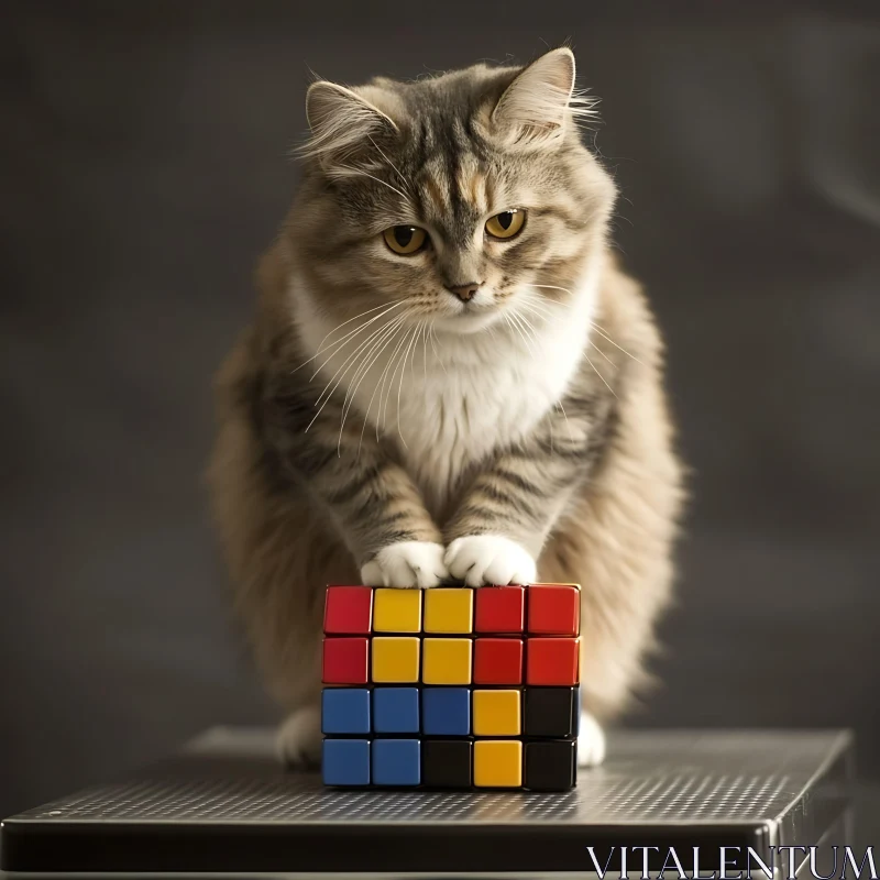 Cat and Colorful Puzzle Cube AI Image