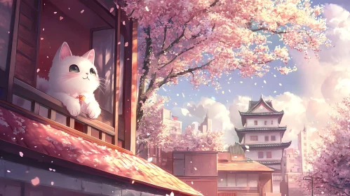 Cherry Blossom Cat in Anime Style