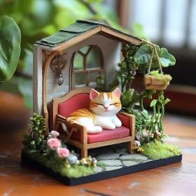 Cozy Cat in Miniature Garden Diorama