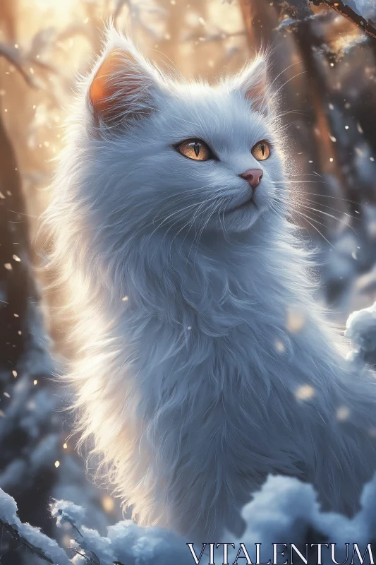 AI ART Ethereal White Cat in Winter Wonderland