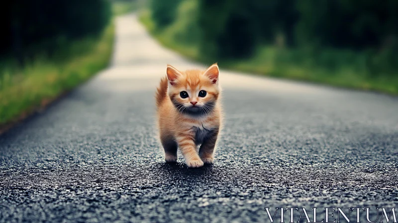 AI ART Cute Orange Kitten Strolling on a Country Road