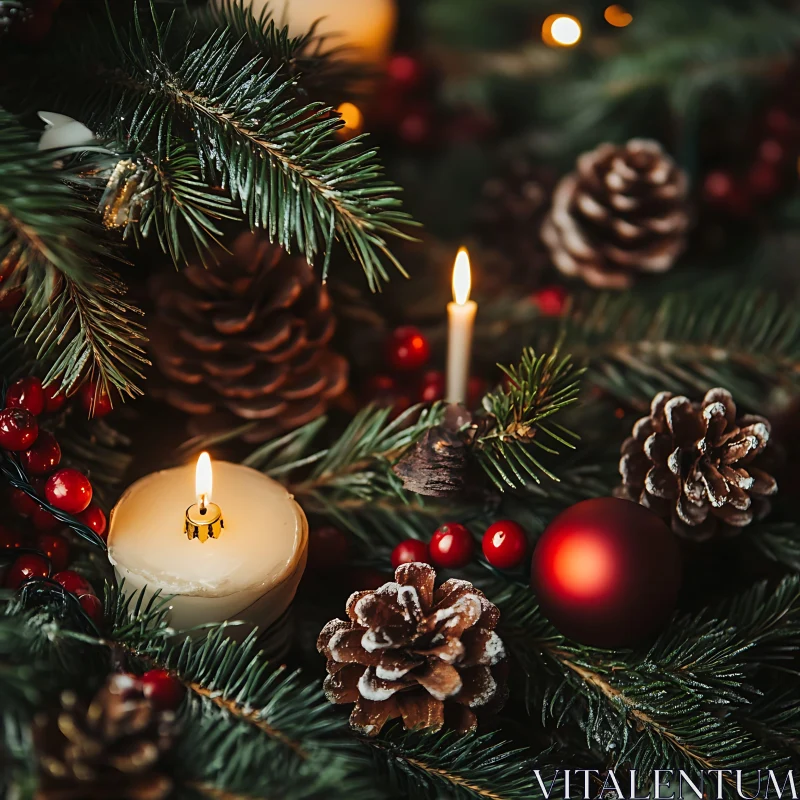 Cozy Christmas Decor with Candles and Evergreens AI Image